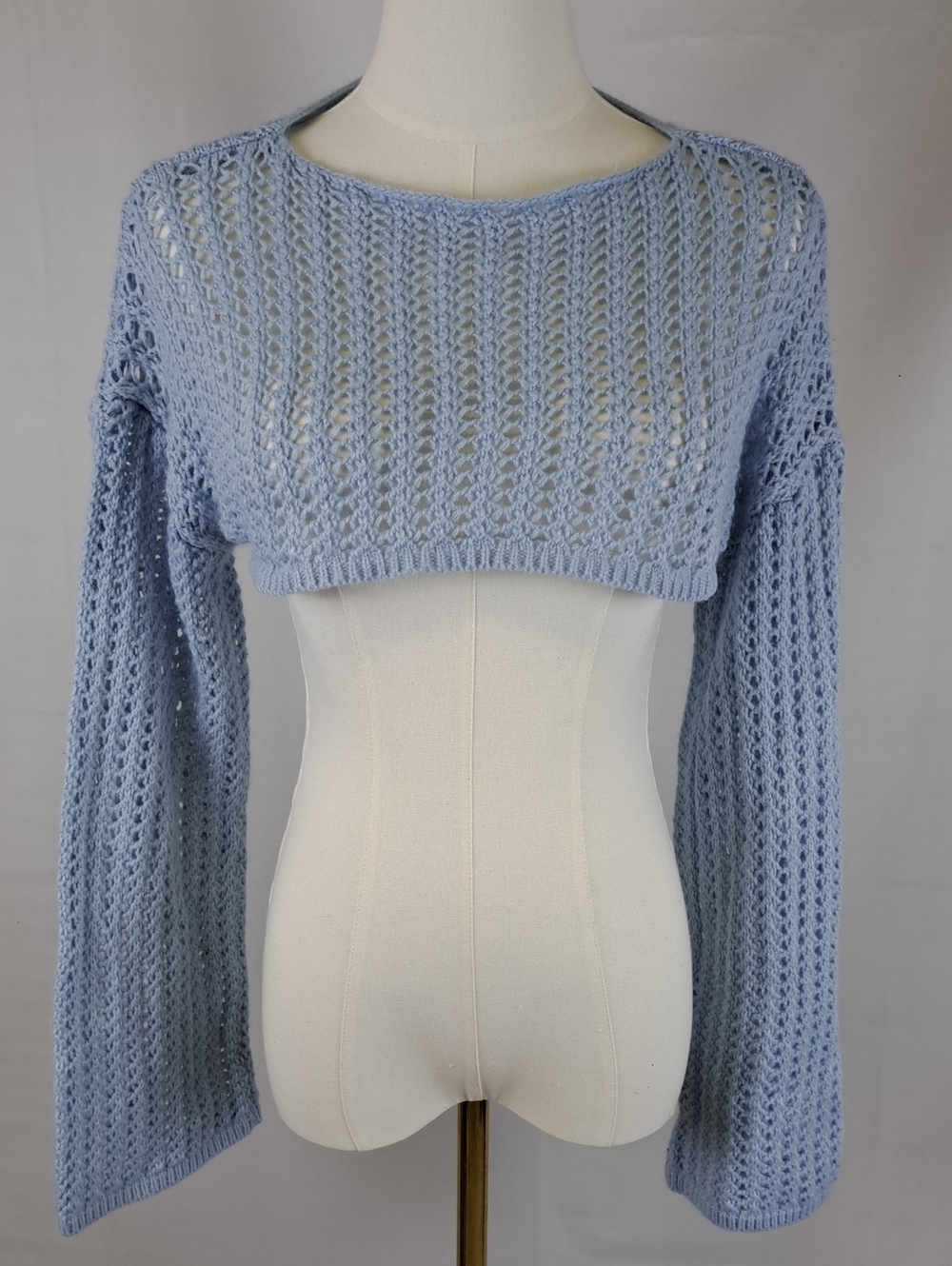 Y2K Light Blue Cropped Open Knit Crochet Sweater Shrug Arm Warmers Layering M